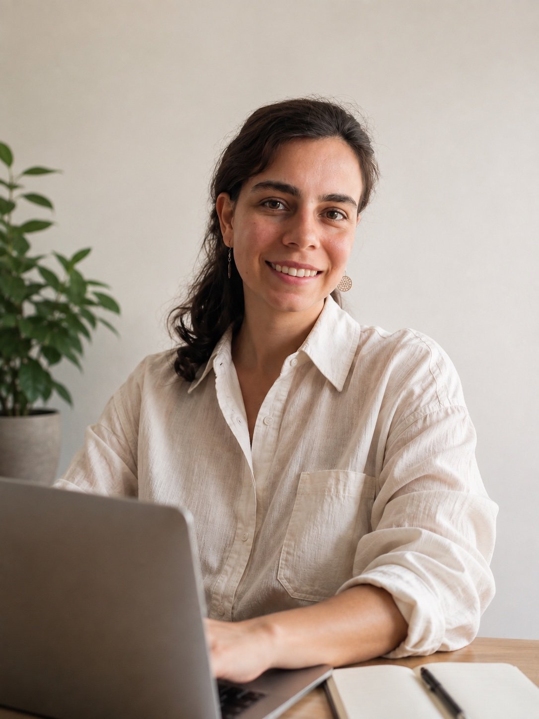 Sophie souriante pendant qu’elle travaille sur son ordinateur portable