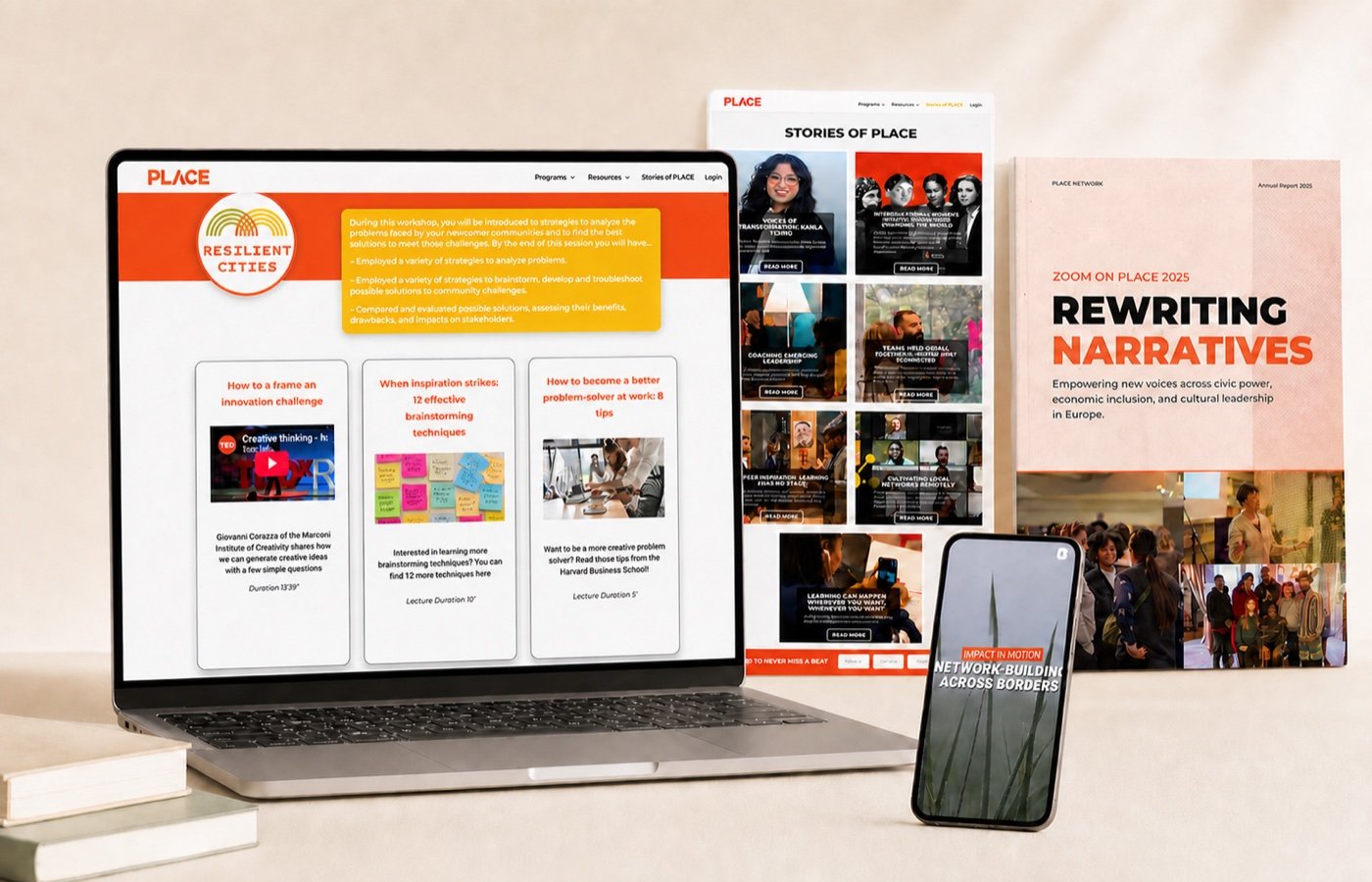 Composition présentant le site web, le blog, le rapport annuel et les réseaux sociaux de PLACE