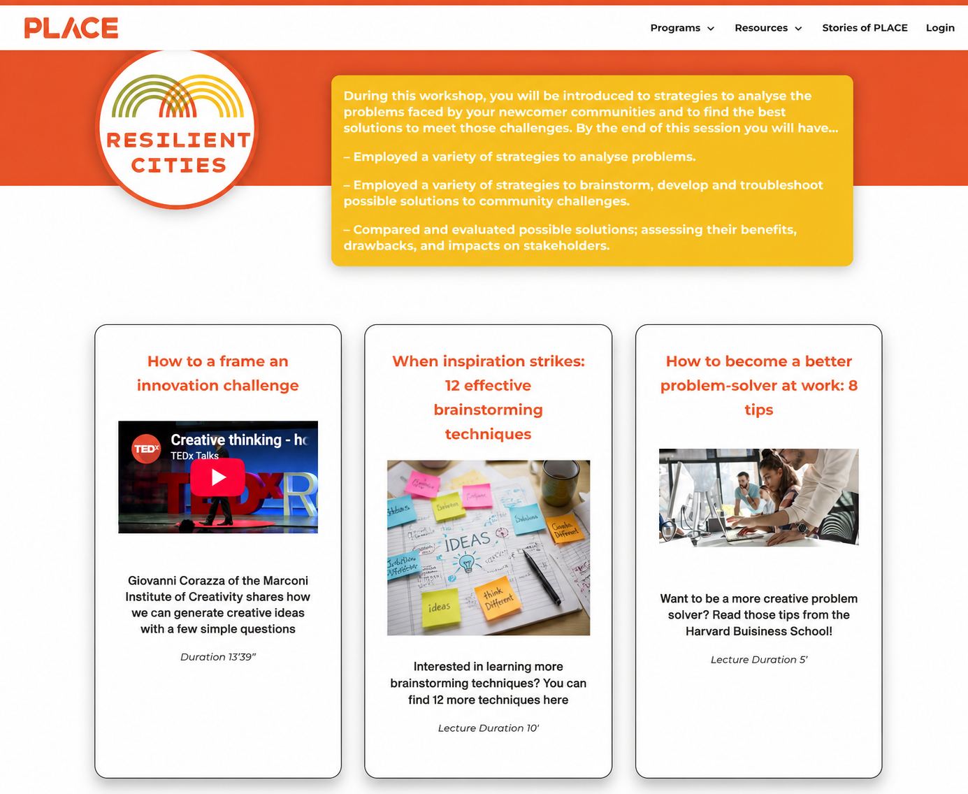 Ressources d’un atelier de résolution de problèmes dans l’espace d’apprentissage Resilient Cities